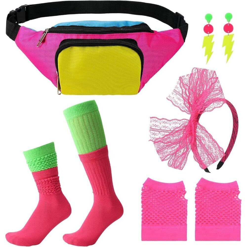 Women Neon Costume Accessories Set Fanny Pack Earrings Socks Fishnet Gloves